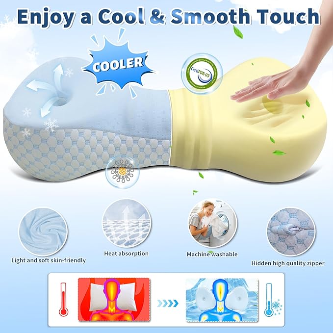 Neck Support Pillow, Small Neck Roll Pillow Memory Foam, Cervical Traction Device, Ergonomic Support for Stiff Neck, Camping & Travel Pillow with Removable Cooling Pillowcase and Portable Bag