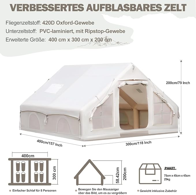 Inflatable Camping Tent, Glamping Inflatable Tent for Camping, 4 Season Water&Windproof Outdoor Oxford Blow Up Cabin Tent with Mesh Windows & Doors for 4-8 People Camping