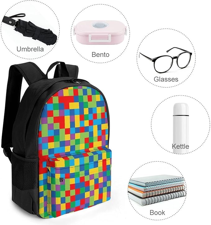 Daypack Backpack Anti-Theft Multipurpose Big Capacity Bookbag, Colorful Rainbow Blocks Business Computer Bag With Side Pockets