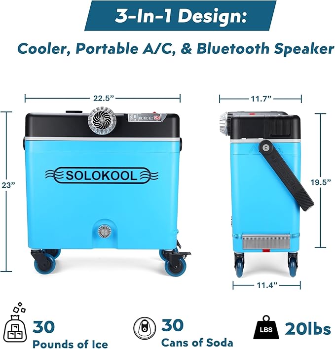 SoloKool Model V-ibe - Injection Molded Cooler, Portable Air Conditioner, & 35 Watt Bluetooth Speaker, 3-in-1 Design