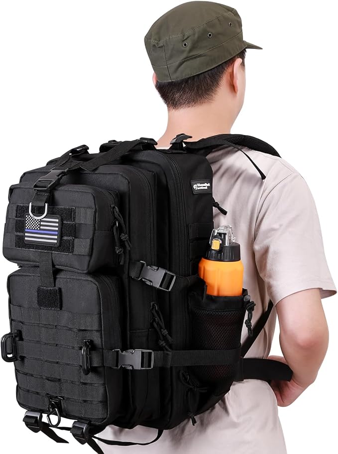 45L MOLLE Assault Backpack, Tactical Backpack Military Army Camping Rucksack with Bottle Holder, 3-Day Pack Trip w/USA Flag Patch, D-Rings, Black