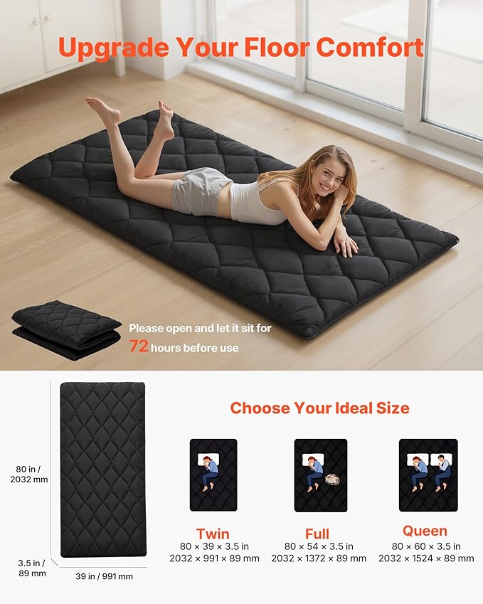 VEVOR 9-Layer Japanese Futon Mattress, 3.5" Thick Twin Tatami Mat, Foldable Roll Up Mattress for Sleeping with Storage Bag, Portable Floor Mattress for Camping Dormitory Yoga, Black
