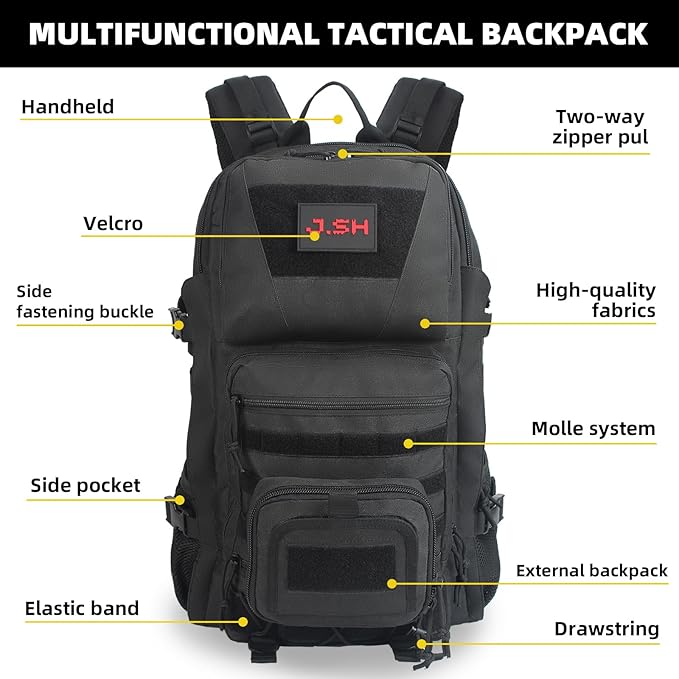 J.SH 50L Military Tactical Backpack for Men, 3 Day Assault Backpack, PVC Waterproof Coating & MOLLE System, Holds 17in Laptop Suitable for Hiking, Camping, Survival Training, Gym Backpacks - Black