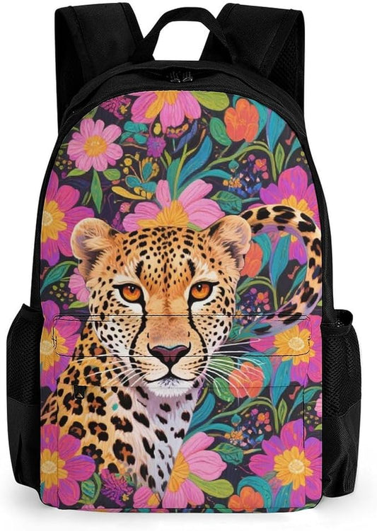 Daypack Polyester Anti-Theft Multipurpose Red Floral Leopard Cheetah Art Bookbag Big Capacity Gym Outdoor Hiking Backpack With Adjustable Shoulder Straps