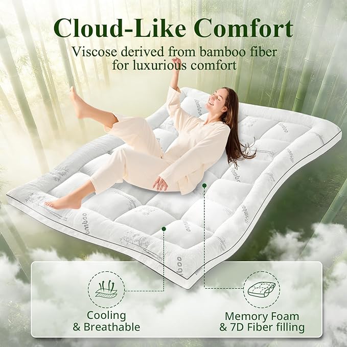 Memory Foam Mattress Topper - Viscose Made from Bamboo Pillow Top Thick Twin Size Mattress Pad for Back Pain, Ultra Soft & Cooling for Hot Sleepers, 6-18'' Deep Pocket, White