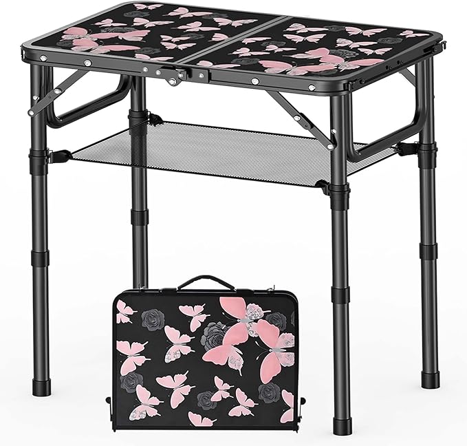 Small Camping Table, Vintage French Butterflies Pattern Folding Table, Adjustable Height, Lightweight & Portable Outdoor Picnic Table with Carry Handle for Patio, Living Room, Travel
