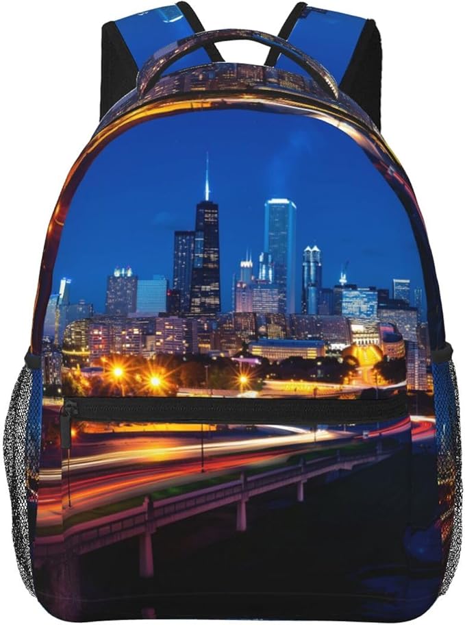 Rucksacks Polyester Anti-Theft Multipurpose Usa Chicago City Skyline Night View Art Carry On Bag Large Capacity Gym Outdoor Hiking Backpack With Smooth Zippers