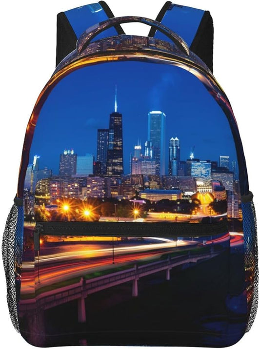 Rucksacks Polyester Anti-Theft Multipurpose Usa Chicago City Skyline Night View Art Carry On Bag Large Capacity Gym Outdoor Hiking Backpack With Smooth Zippers