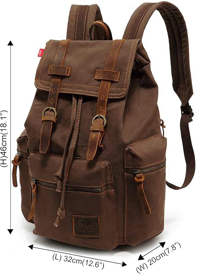 HuaChen Vintage Canvas Travel Backpack with Leather Trim, Laptop Padded Sleeve, Hidden Back Security Pocket, Fits 15-Inch, M32 Coffee Large