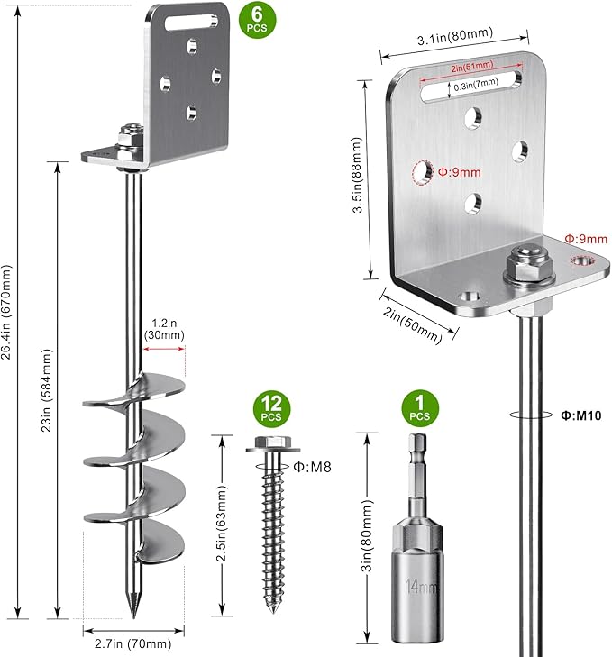 2/4/6 Pack 18" 24" Screw in Trampoline Ground Anchors 2.7" Wide Spiral Mobile Home Earth Anchor Stakes Set with Versatile L Bracket Swingset Anchors for Playset, Fence, Tent, Shed, Canopy, Carport