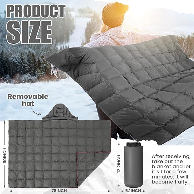 Hooded Down Camping Blanket Waterproof 650 Fill Puffy Poncho Blanket 77" x 50" Packable Wearable Sleeping Bag with Detachable Hat Outdoor Stadium Camping Cold Weather, 1.36 lb(Grey)