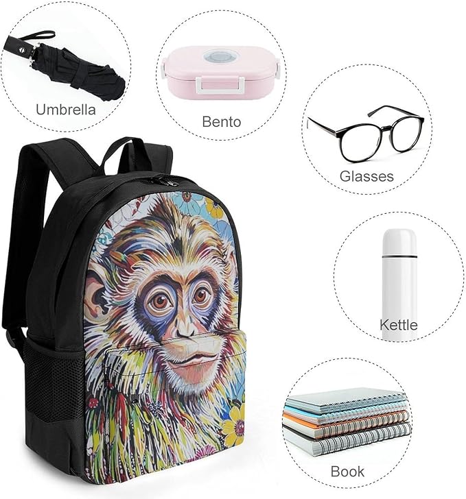 Supdreamc Men Women Polyester Colorful Animal Monkey Flower Casual Daypack Large Capacity Carry On Bag With Adjustable Shoulder Straps for Camping Work Running