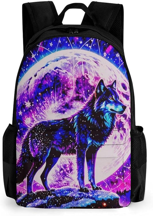 Supdreamc Polyester Daypack for Camping Travel Walking Cycling, Big Capacity Anti-Theft Multipurpose Bookbag, Neon Sky Moon Wolf Camping Outdoor Backpack
