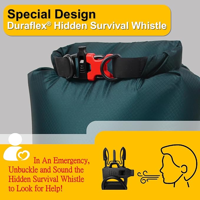 CORDURA Waterproof Dry Bag 3L – Heavy Duty IPX6 Roll Top Sack with Survival Whistle for Kayaking, Camping, Boating, Beach – Lightweight Dry Backpack (Dark Green)