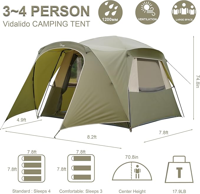 Vidalido 3-4 Person Tent with 1 Mesh Door and 2 Large Mesh Window, Double Layer Waterproof Portable Family Cabin Tent, 4 Person Tents for Outdoor Camping Hiking