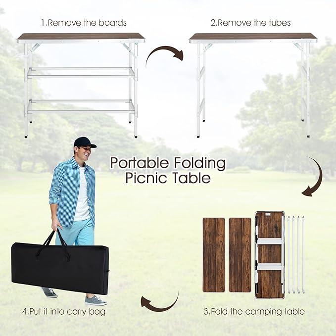 HAPPYGRILL Folding Camping Table with Storage, Aluminum Picnic Table with 2-Tier Shelves, Large Tabletop, Carry Bag, Removable Cloth Cover, Outdoor Lightweight Dining Camp Table for Picnic BBQ Party
