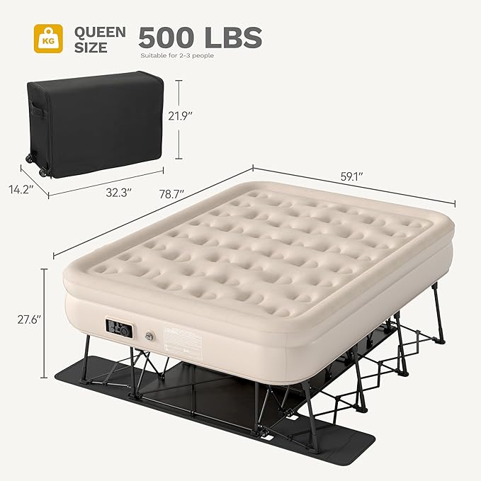 DWVO Inflatable Queen Air Bed with Folding Frame & Rolling Bag, Built-in Pump Blow Up Mattress for Camping, Guest Room & Travel, Portable Air Mattress with Case, 79 x 59 x 28 Inches, Brown