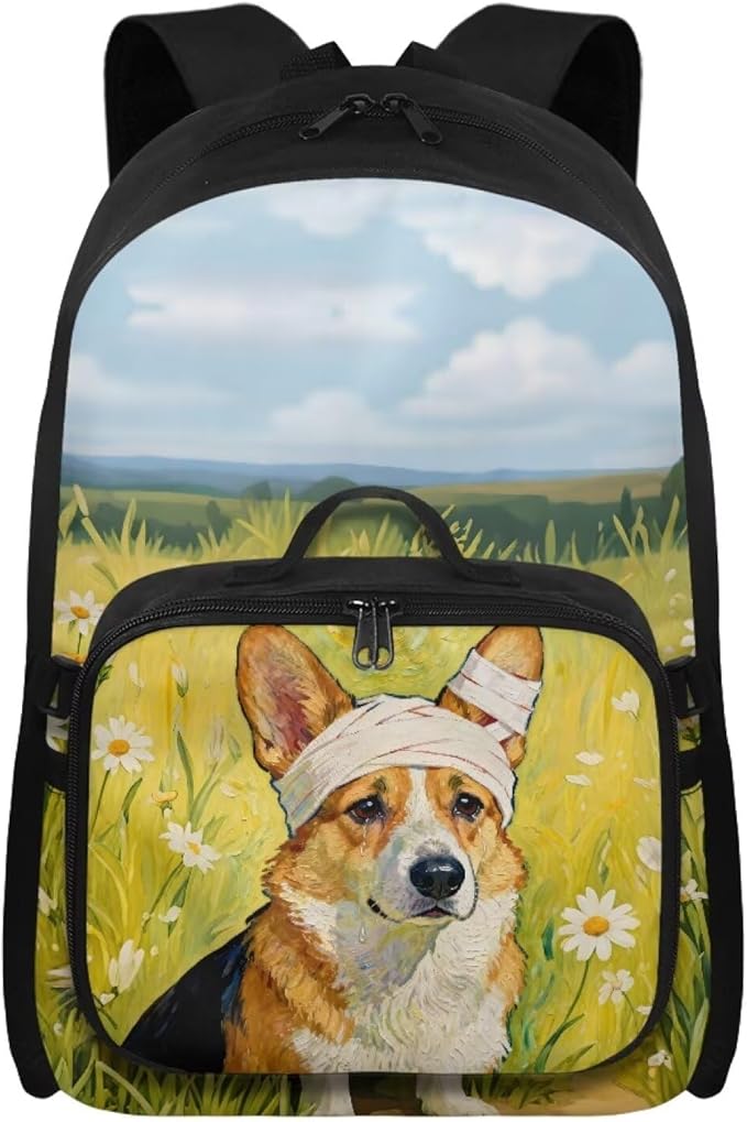 HUGS IDEA Corgi School Backpack for Girls 6-8 Cute Bookbag for Preschool Girls Kids Schoolbag with Lunchbox 17 Inch School Back Pack for Elementary Students Supplies