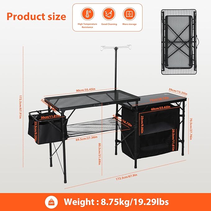 Nice C Camping Kitchen Table, Portable Folding Camp Cook Station, Storage Organizer, with Light Poles, Storage, Side Bag, Side Hooks, for Outdoor, Picnic, Beach, RV Traveling (Black)