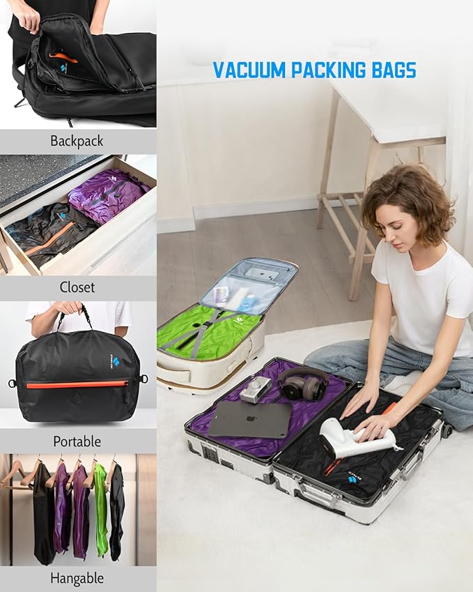 Zurligi Vacuum Compression Bags with Pump for Travel – IPX8 Waterproof Vacuum Packing Cubes, Reusable Carry-On 39L Bags for Clothes, Suitcase & Backpack(3-Pack Black)