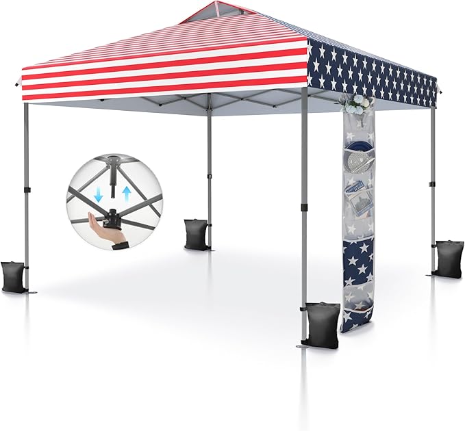PHI VILLA 10’x10’ Pop Up Canopy Tent - One Push Setup, Instant Shade Tent with Vented Roof for Beach & Events - Includes Storage Bag, Sandbags, Stakes & Ropes (American Flag)