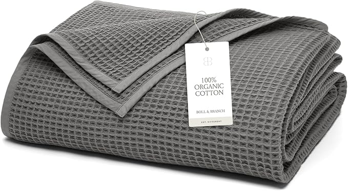 BOLL & BRANCH Waffle Bed Blanket - Full/Queen, Stone - Luxury 100% Organic Cotton - Soft, Lightweight and Breathable - Textured Waffle Weave Design