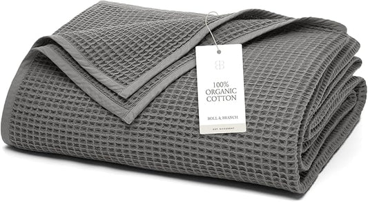BOLL & BRANCH Waffle Bed Blanket - Full/Queen, Stone - Luxury 100% Organic Cotton - Soft, Lightweight and Breathable - Textured Waffle Weave Design