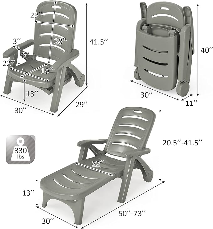 Tangkula Outdoor Chaise Lounge Chair, Adjustable 5-Position Recliner Chair with Built-in Wheels, Weather-Resistance Folding Lounge for Patio, Backyard, Poolside and Beach (1, Grey)