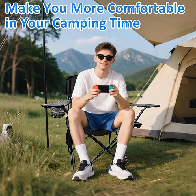 Folding Camping Chair, 225lb Capacity, Includes Cup Holder & Side Storage Bag, 5.5lbs Portable for Beach, Camping, Sport,Black