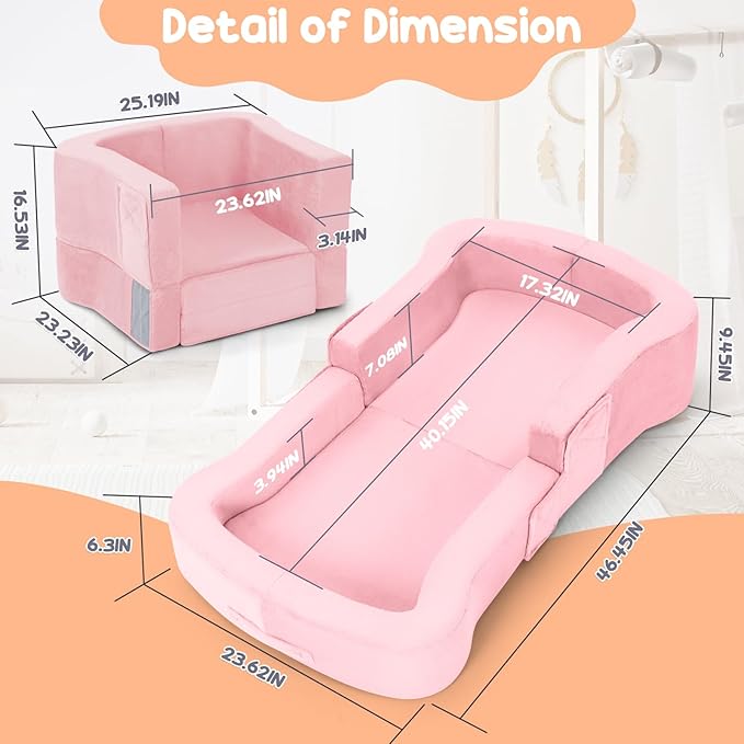 Toddler Travel Bed, 2-in-1 Foldable Portable Toddler Bed Sofa Chair, Soft Baby Kids Travel Floor Cot with Washable Covers Safety Foam Raised Bumper for Camping Hotel Sleeping (Pink)