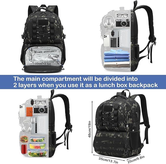 Laptop Lunch Backpack for Men - 40L Large Capacity Work Backpack with Lunch Compartment and USB Post, RFID Insulated Cooler Backpack for Work, Travel, Picnic, Black CM