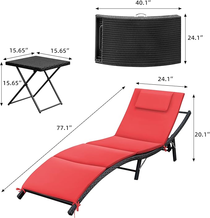 GUNJI Lounge Chairs for Outside 3 Pieces Patio Adjustable Chaise Lounge Outdoor Wicker Lounge Chairs Set of 2 with Table Folding Chaise Lounger for Poolside, Deck, Lawn (Red)