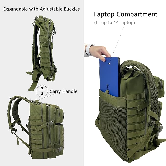 WOLT Military Tactical Backpack for Men 45L Molle Backpack 3 Day Assault Pack Bug Out Bag, Heavy Duty Rucksack for Hiking Gym(Army Green)