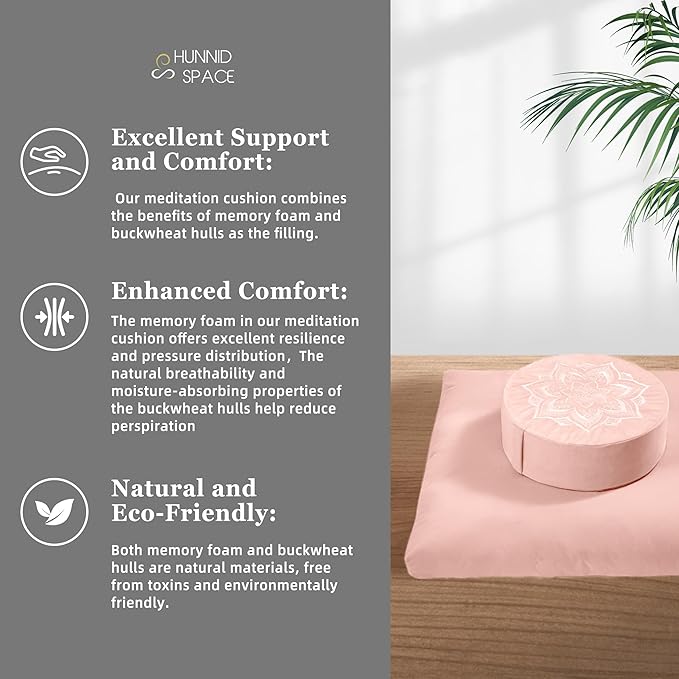 Meditation Zafu Cushion Set with Buckwheat Hulls & Memory Foam - Ergonomic Support for Yoga & Sitting - Removable Machine-Washable Luxury Velvet Cover - for Adults and Kids (Pink)