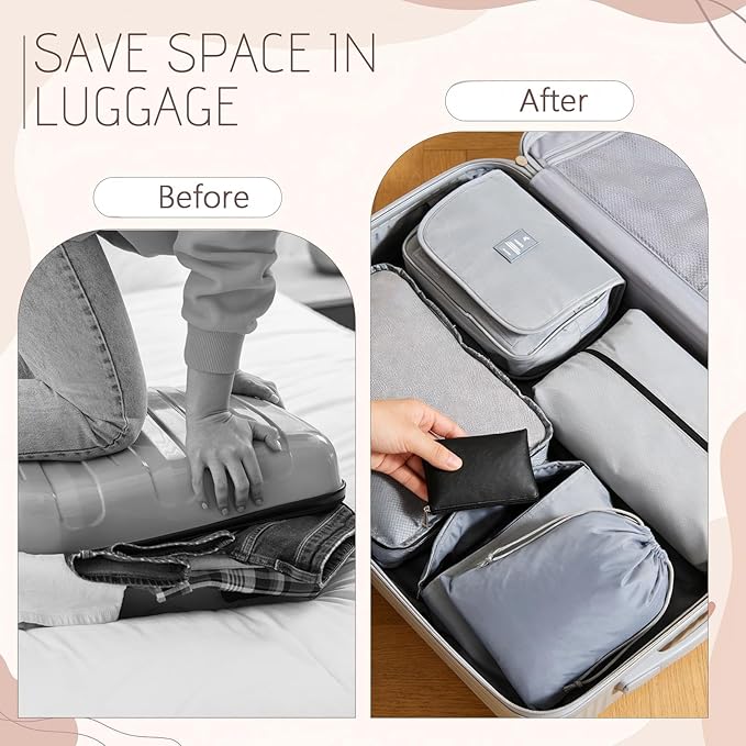 9 Pcs Packing Cubes Set for Travel with Waterproof Clothing Cubes Toiletry Shoe Laundry Jewelry Bag for Women Men(Light Gray)