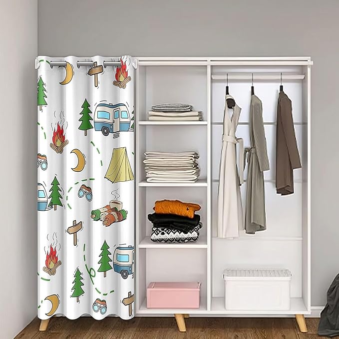 Happy Camping Door Curtain For Doorway Privacy for Kids Adults - Rustic RV Camper Blackout Curtain Cute Pine Trees Campfire Tent Door Drape Outdoor Adventure Theme Window Treatment 34"W x 80"L