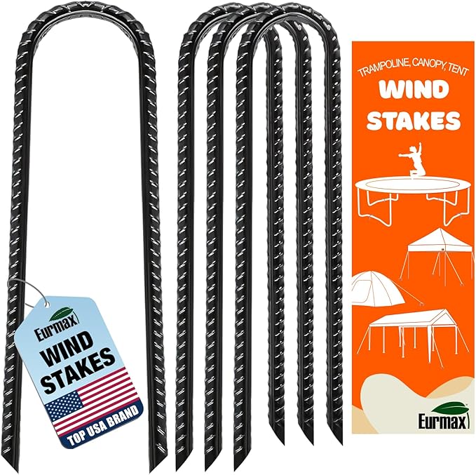 Eurmax USA U-Shaped-Rebar-Stakes-12-Inch, Ground Stakes Heavy Duty Trampoline Stakes Rebar Galvanized for Camping Tent Trampoline Accessories Dog Fence,Pack of 4(Black)