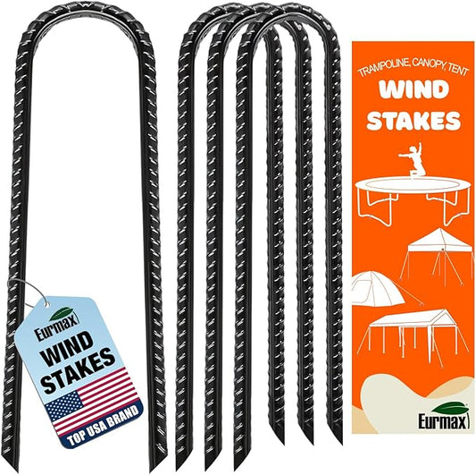 Eurmax USA U-Shaped-Rebar-Stakes-12-Inch, Ground Stakes Heavy Duty Trampoline Stakes Rebar Galvanized for Camping Tent Trampoline Accessories Dog Fence,Pack of 4(Black)