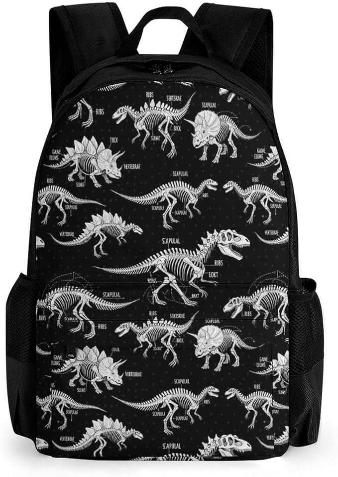 Daypack Backpack Multipurpose Anti-Theft Large Capacity Bookbag, Jurassic Cool Dinosaurs Skull Skeleton Black Travel Hiking Camping Rucksack With Adjustable Shoulder Straps