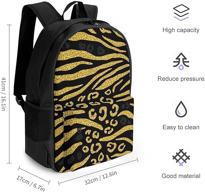 Supdreamc Polyester Daypack Backpack for Climbing Outdoors Running, Big Capacity Multipurpose Anti-Theft Bookbag, Gold Glitter Animal Skin Tiger Stripes Print Travel Hiking Camping Rucksack