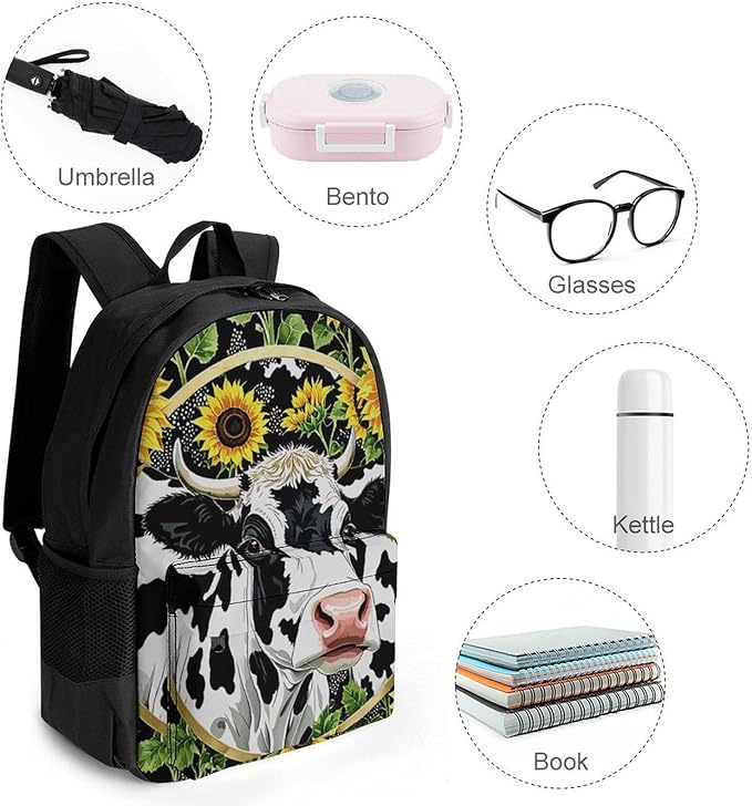 Supdreamc Lightweight Rucksacks for Climbing Outdoors Walking Cycling, Large Capacity Anti-Theft Multipurpose Carry On Bag, Farm Cow Sunflower Print Camping Outdoor Backpack