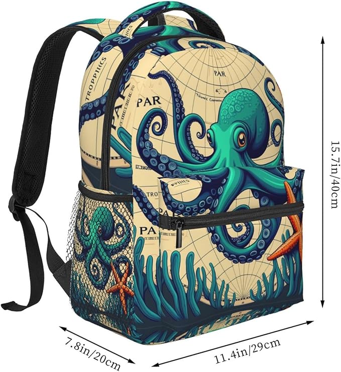 Daypack Polyester Anti-Theft Multipurpose Retro Octopus Art Bookbag Big Capacity Gym Outdoor Hiking Backpack With Adjustable Shoulder Straps