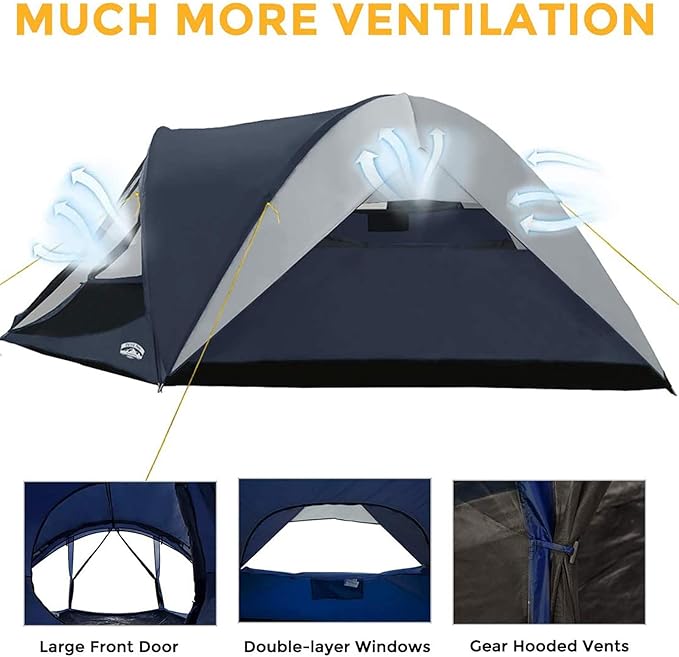 Pacific Pass 6 Person Dome Tent w/ Removable Rain Fly and Screen Room, Water Resistant - Navy/Gray