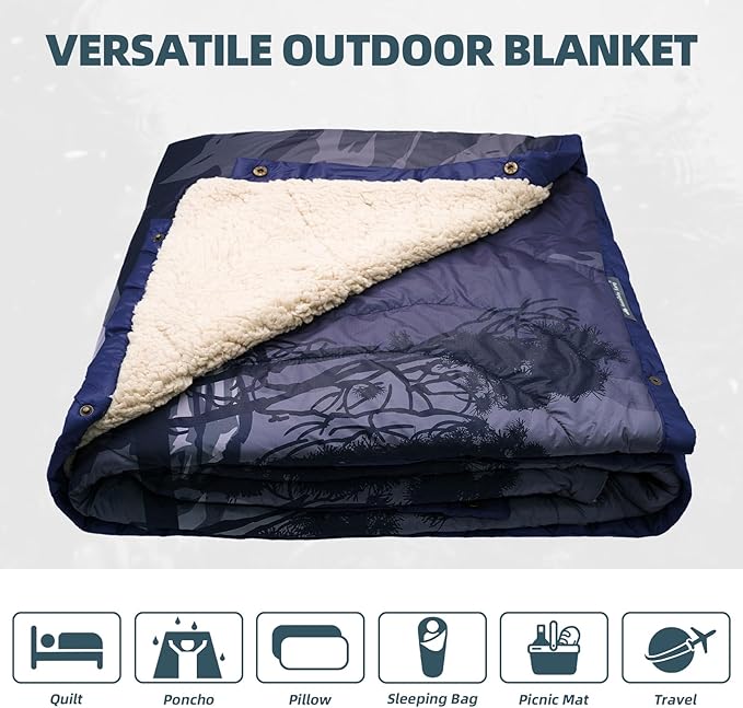 Outdoor Camping Blanket with Sherpa Lining, Extra Warm Thick Camp Blankets and Puffy Ultralight Soft Poncho DWR Camping Quilt for Cold Weather, Adventure, Sleeping, Backpacking 78"x 56"