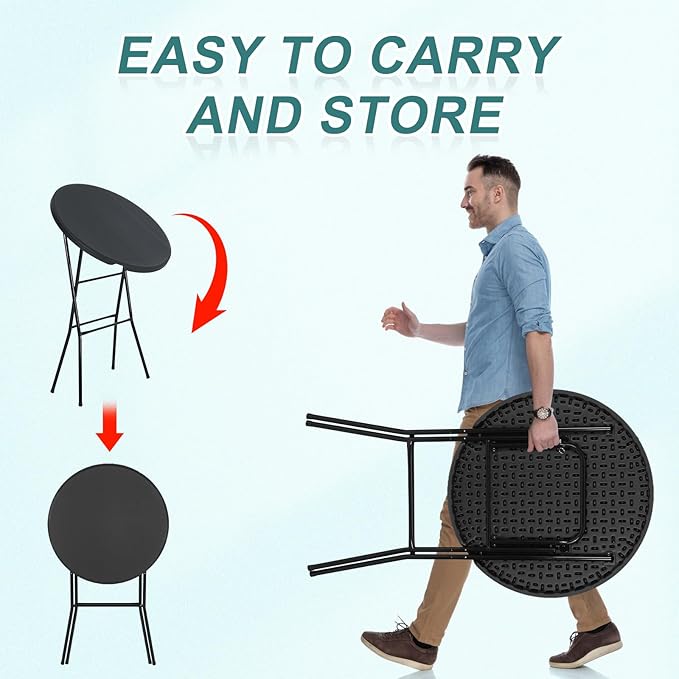 Nice C Plastic High Top Round Table, Portable Cocktail Bar Table with Detachable Legs, 31.5" Folding Tables, Waterproof Outdoor/Indoor Tables for Parties, Weddings, Camping, Backyard (Black, 1 Pack)