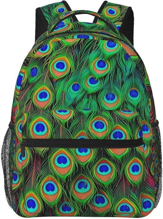 Daypack Backpack Anti-Theft Multipurpose Big Capacity Bookbag, Colorful Peacock Feather Art Business Computer Bag With Side Pockets