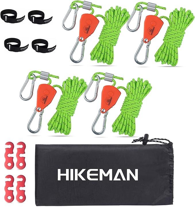 Hikeman Camping Rope with Ratchet Pulley,Quick Setup Outdoor Guy Lines Adjustable Tent Tie Downs Rope Hanger for Canopy,Kayak and Canoe,Grow Light (4PCS,Fluorescent Green)