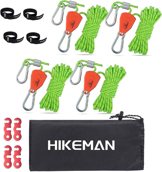 Hikeman Camping Rope with Ratchet Pulley,Quick Setup Outdoor Guy Lines Adjustable Tent Tie Downs Rope Hanger for Canopy,Kayak and Canoe,Grow Light (4PCS,Fluorescent Green)