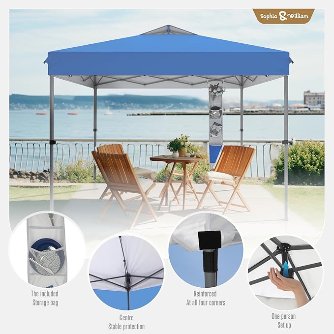 Sophia & William Canopy Tent Pop Up 10x10 ft One Person Push Set Up Tent, Outdoor Canopies Shelter Heavy Duty Straight Legs with 4 Sandbags & Guy Ropes, 1 Roller Bag & Storage Bag, 8 Stakes UPF50+