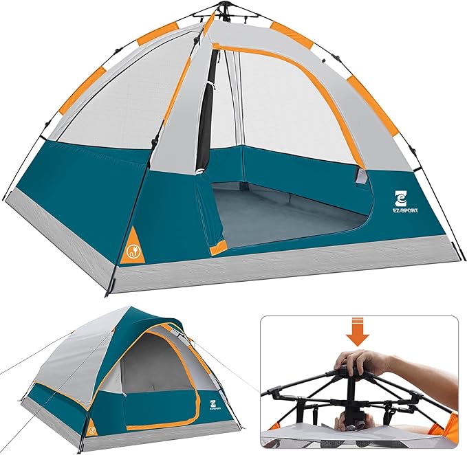 EZ-Sport Pop Up Camping Tent - 4 Person Instant Easy Set Up Family Tent with Removable Rain Fly, Waterproof Windproof Automatic Tent for Outdoor Camping Hiking Backpacking Traveling